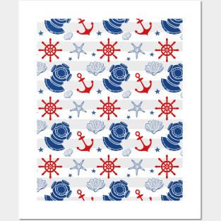 Nautical Wheel Anchor Pattern Red Blue Grey Posters and Art